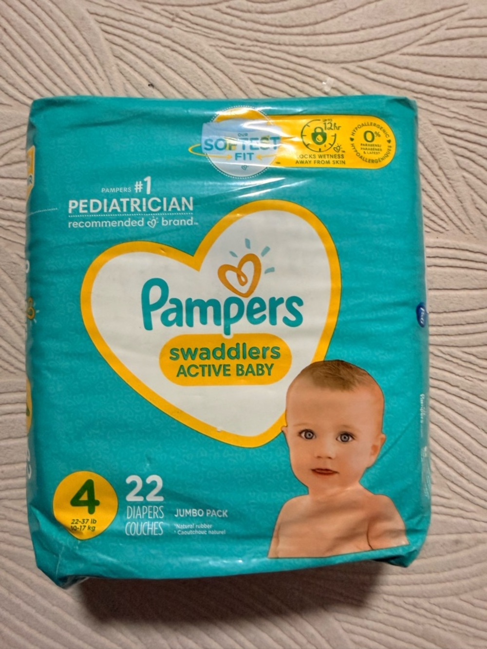 Pampers Swaddlers Active Baby Size 4 - Teal & Yellow Packaging